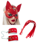 Fantezi Deri Seksi Kırmızı Kedi Maske Kelepçe Kırbaç Seti ( 3’lü set) BC5367