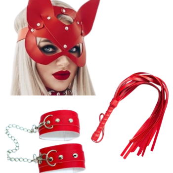Fantezi Deri Seksi Kırmızı Kedi Maske Kelepçe Kırbaç Seti ( 3'lü set) BC5367