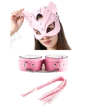 Fantezi Deri Seksi Pembe Kedi Maske Kelepçe Kırbaç Seti ( 3’lü set) BC5368