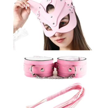 Fantezi Deri Seksi Pembe Kedi Maske Kelepçe Kırbaç Seti ( 3'lü set) BC5368
