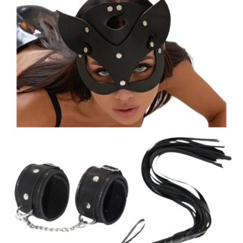 Fantezi Deri Seksi Siyah Kedi Maske Kelepçe Kırbaç Seti ( 3'lü set) BC5369