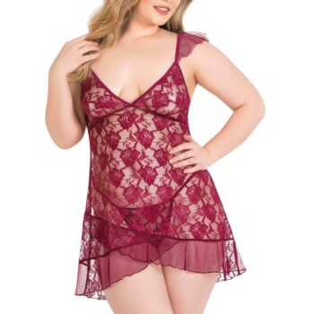 Aria's Closet Büyük Beden Bordo Kısa Tül Gecelik