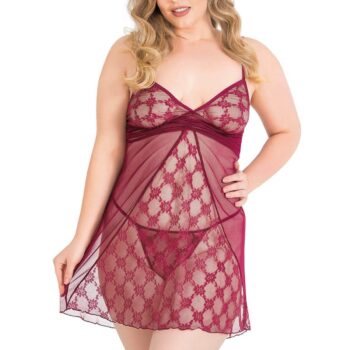 Aria's Closet Büyük Beden Bordo Kısa Tül Gecelik