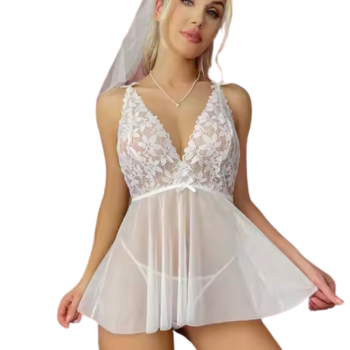 Fantezi Beyaz Dantelli Transparan Tül Etekli Seksi Elbise Gecelik BC3266