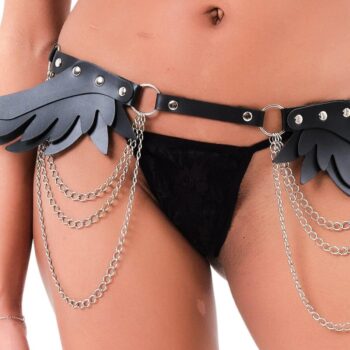 Aria's Closet Siyah Yumuşak Deri Zincirli Fantezi Şık Kelebek Desen Harness