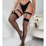 Kadın Siyah Dantel Bacak Bantlı String Jartiyer Çorap Takımı BC0046