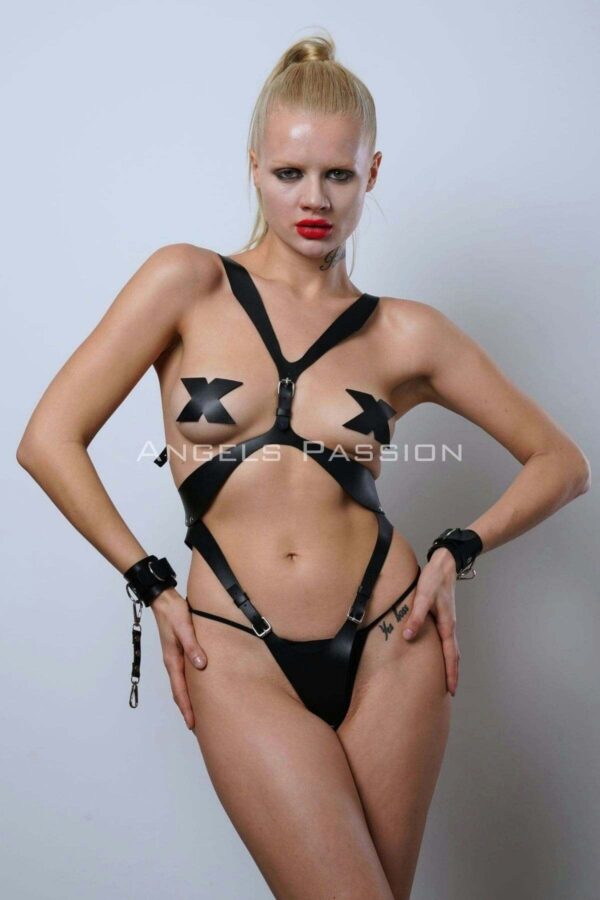 kelepceli full body harness set deri fantezi ic giyim bayan ic giyim apft1102 body harness angels passion 129260 41 B