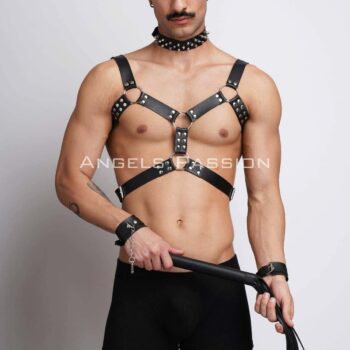 Kırbaç ve Çivili Choker Detaylı Erkek Fantazi Giyim, Deri Erkek Harness Takım - APFTM102