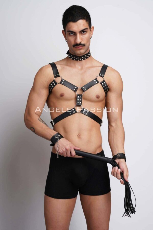 kirbac ve civili choker detayli erkek fantazi giyim deri erkek harness takim apftm102 erkek harness angels passion 130347 41 B