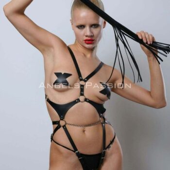 Kırbaçlı ve Ağ Bölgesi Açık Deri Body Harness, Deri Fantezi Giyim, Clubwear - APFT1355