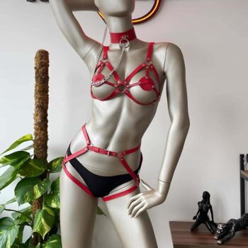 kirmizi deri tasma detayli sik harness takim harness takm angels passion 119408 37 B