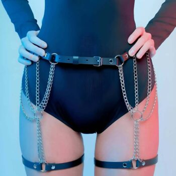 Zincir Detaylı Seksi Deri Belden Askılı Bacak Jartiyer Harness - APFT1323