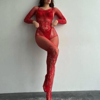 Aria's Closet Özel Tasarım Kırmızı Taşlı Fantezi Vücut Çorabı