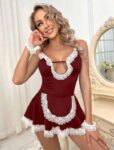 Aria’s Closet Bordo Beyaz Aksesuarlı Dantelli Fantezi Hizmetçi Kostümü