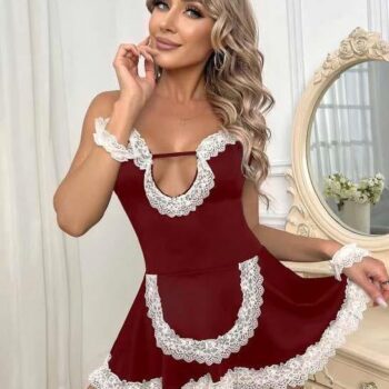 Aria's Closet Bordo Beyaz Aksesuarlı Dantelli Fantezi Hizmetçi Kostümü