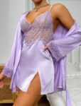 Aria’s Closet Dantel İşlemeli İnce Askılı Mavi Saten 2’li Gecelik Sabahlık Takımı