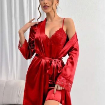 Aria's Closet Dantel İşlemeli İnce Askılı Kırmızı Saten 2'li Gecelik Sabahlık Takımı