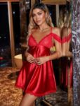 Aria’s Closet Kırmızı Düşük Omuz İnce Askılı Saten Kısa Fantezi Gecelik