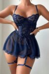 Aria’s Closet Lacivert Dantelli Korse Görünümlü Çapraz İpli Tül Fantezi Gecelik