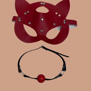 Aria's Closet Kırmızı Deri Maske ve Ağız Topu Harness Aksesuar
