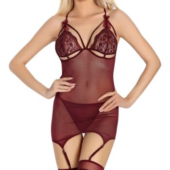 Aria's Closet Bordo Dantel İşlemeli Göğüs İp Detaylı Fantezi Jartiyer Takımı