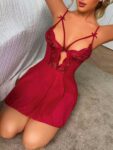 Arias Closet Bordo Dantel İşlemeli Göğüs İp Detaylı Fantezi Tül Gecelik Takımı