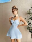Aria’s Closet Dantel İşlemeli Boyundan Bağlamalı Mavi Saten Gecelik