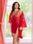 Aria’s Closet Kırmızı Transparan Dantel İşlemeli Tül Yırtmaçlı 2’li Gecelik Takımı