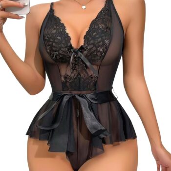 Aria's Closet Siyah Dantel İşlemeli Kurdelalı Fantezi Tül Babydoll