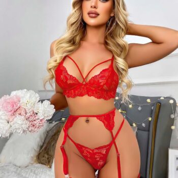 Arias Closet Kırmızı Göğüs İp Detaylı Dantel İşlemeli Fantezi Jartiyer Takımı