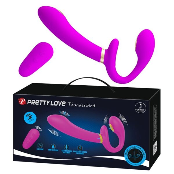 usb sarjli strapless cift tarafli titresimli ve elektro soklu strapon vibrator thunderbird 01