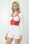 Göğüs Detaylı Deri Kırmız Harness Büstiyer