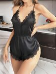 Arias Closet Siyah İnce Askılı Dantel İşlemeli Sırt Dekolteli Saten Body Gecelik